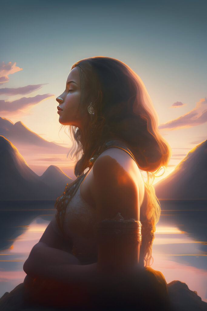 Frau die am Wasser im Sonnenuntergang steht