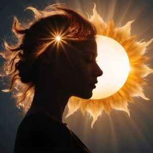 ein Frauenkopf, dahinter eine große Sonnenblume, die beleuchtet ist, steht für die Einzelsitzung