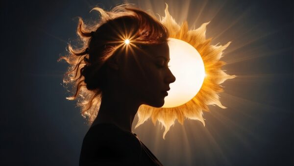 ein Frauenkopf, dahinter eine große Sonnenblume, die beleuchtet ist, steht für die Einzelsitzung