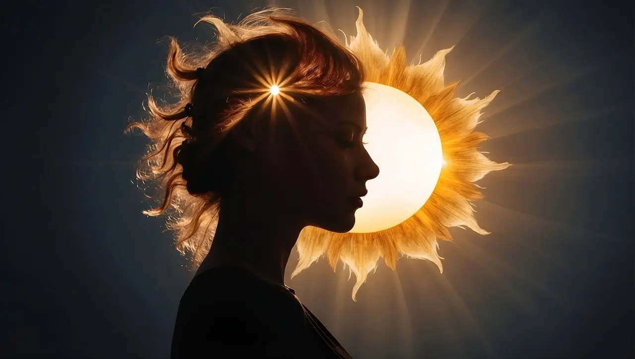 ein Frauenkopf, dahinter eine große Sonnenblume, die beleuchtet ist, steht für die Einzelsitzung
