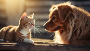 Ein herzerwärmender Augenblick: Eine Katze und ein Hund sitzen einander gegenüber und schauen sich liebevoll in die Augen