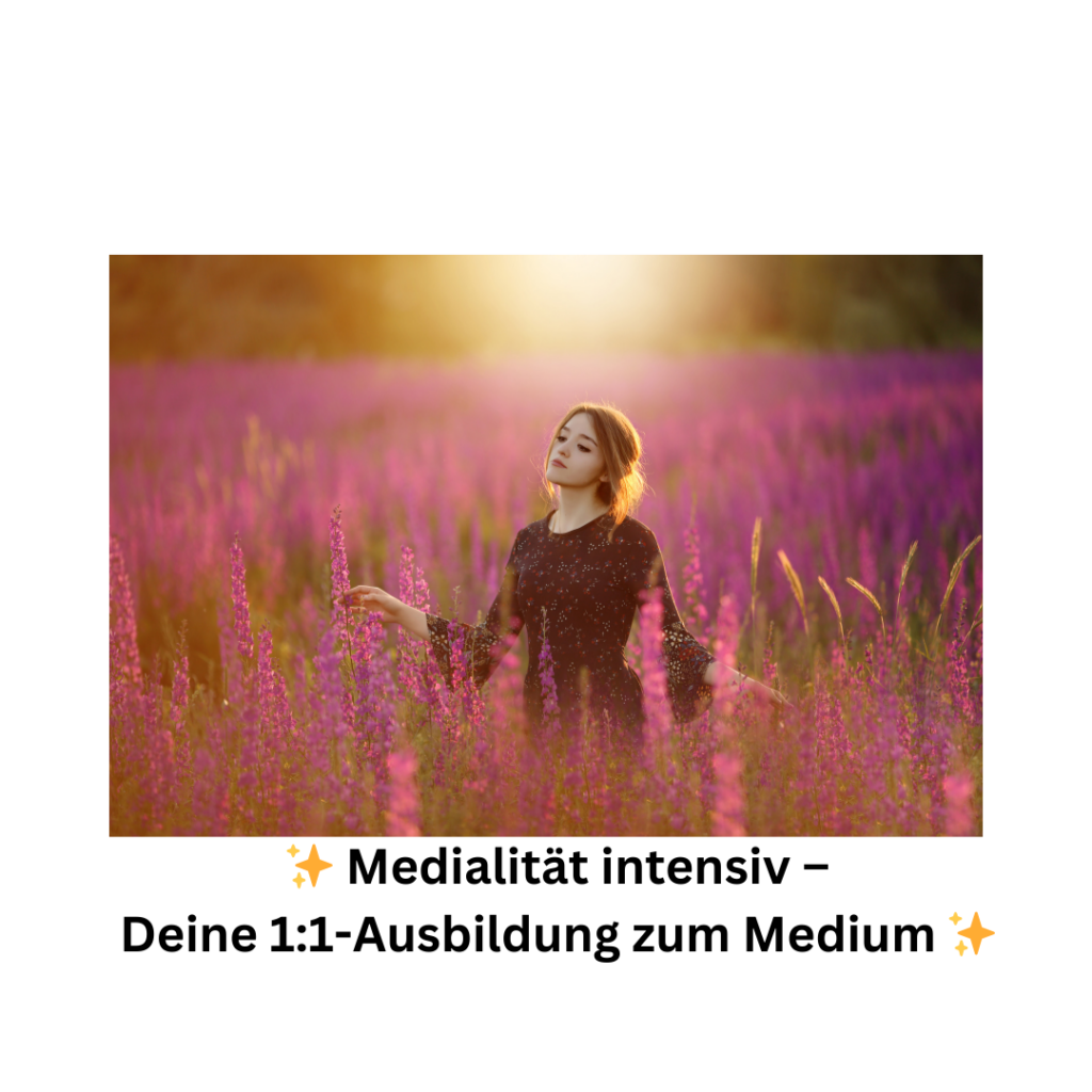 Medialität intensiv - deine 1:1 Ausbildung zum Medium, eine Frau steht mit geöffneten Armen in einem roten Blumenfeld