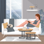 eine Frau sitzt auf der Couch und liest, zu ihren Füßen schläft eine Katze