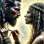 ein Paar, beide mit langem Haaren und bemalt im Gesicht, schauen sich in die Augen, ganz nah. und vertraut.