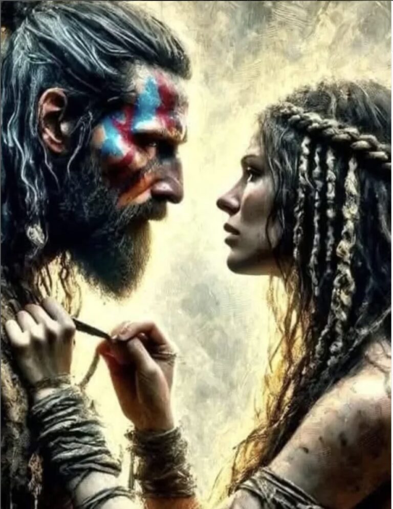 ein Paar, beide mit langem Haaren und bemalt im Gesicht, schauen sich in die Augen, ganz nah. und vertraut.