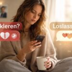 eine Frau sitzt auf der Couch im Schneidersitz, eine Tasse Tee in der einen Hand, in der anderen Hand ein Handy, und überlegt, ob sie Menschen blockieren soll oder löschen