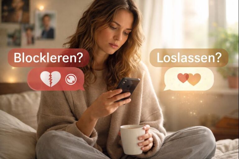 eine Frau sitzt auf der Couch im Schneidersitz, eine Tasse Tee in der einen Hand, in der anderen Hand ein Handy, und überlegt, ob sie Menschen blockieren soll oder löschen